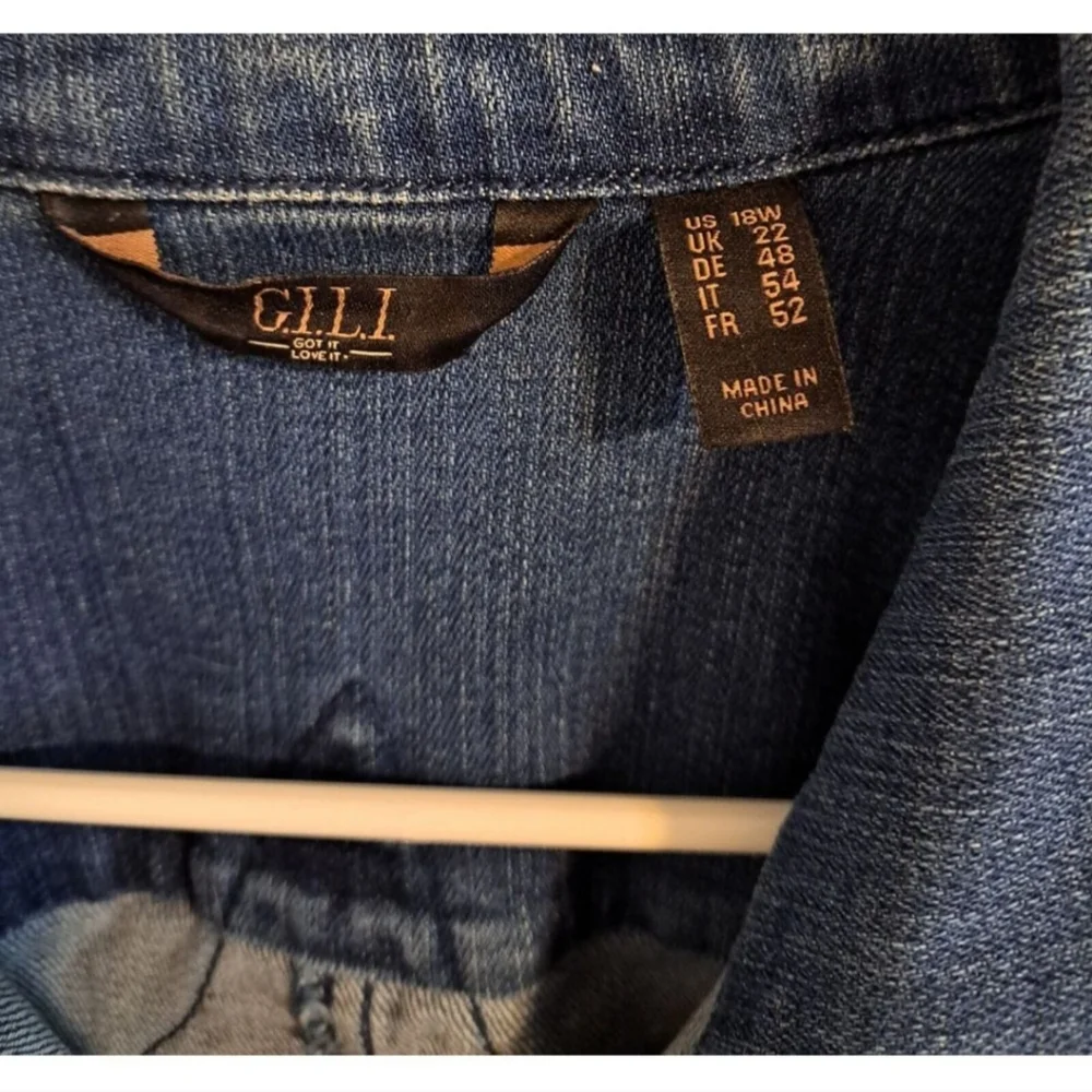 GILI Buddha Embroidered‎ Jean Jacket Women 18W Button Up Collared Stretch Denim - Picture 4 of 4